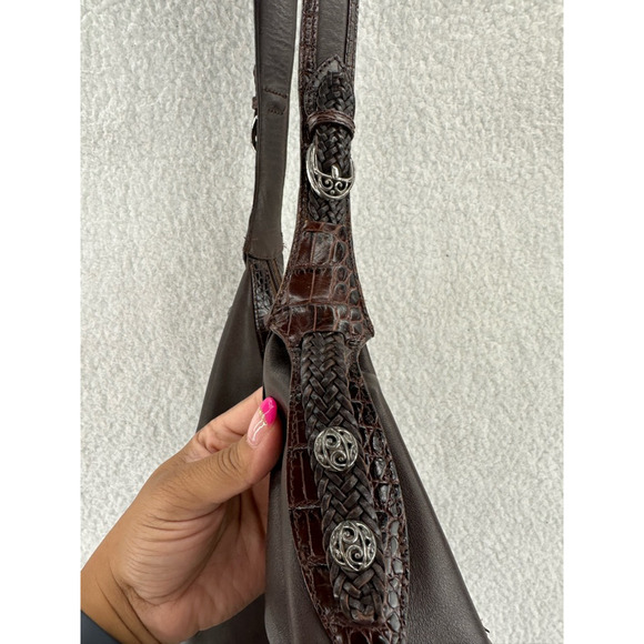 Brighton Womens Hobo Handbag Brown Leather Crocodile Print Trim Embellished M - Picture 3 of 11